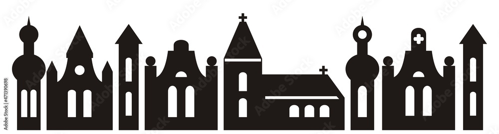 Group of houses, decoration, black silhouette, vector illustration