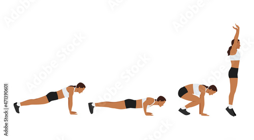 Woman doing Burpee with push up exercise. Flat vector illustration isolated on white background