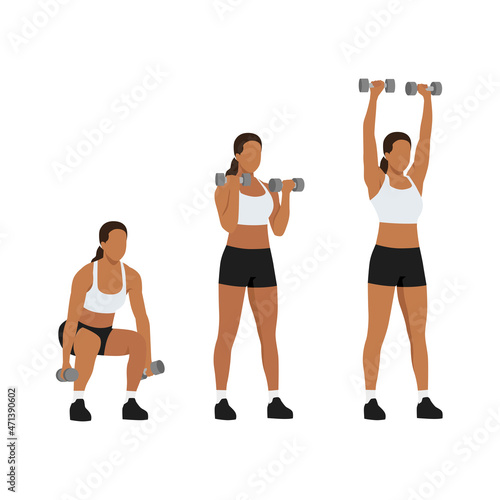 Woman doing Squat to curl to press exercise. Flat vector illustration isolated on white background