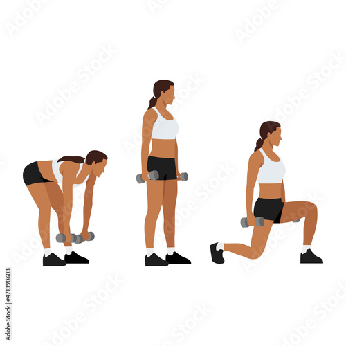 Woman doing Deadlift to lunge exercise. Flat vector illustration isolated on white background