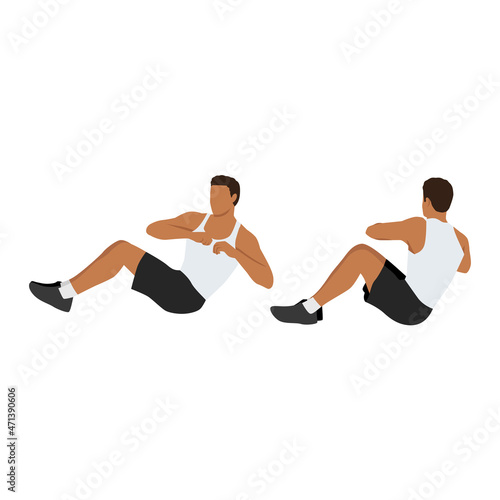 Man doing Russian twists exercise. Flat vector illustration isolated on white background