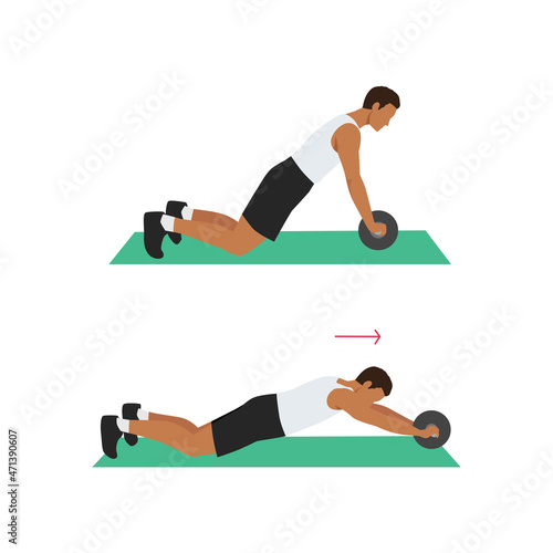 Man doing Ab roller exercise. Flat vector illustration isolated on white background