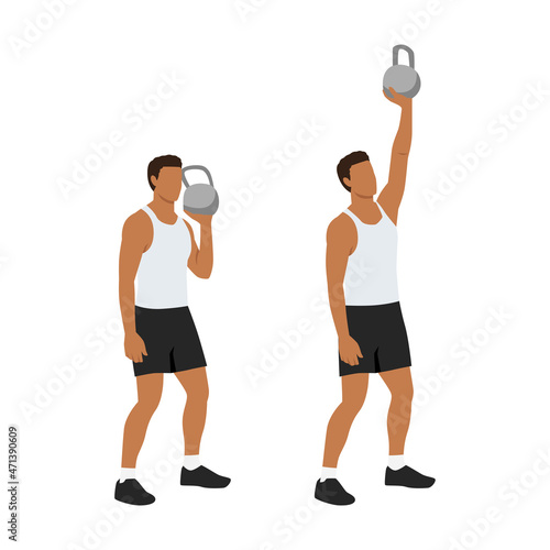 Man doing One arm shoulder press with kettlebell exercise. Flat vector illustration isolated on white background