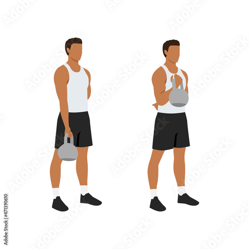 Man doing Bicep curl with kettlebell exercise. Flat vector illustration isolated on white background