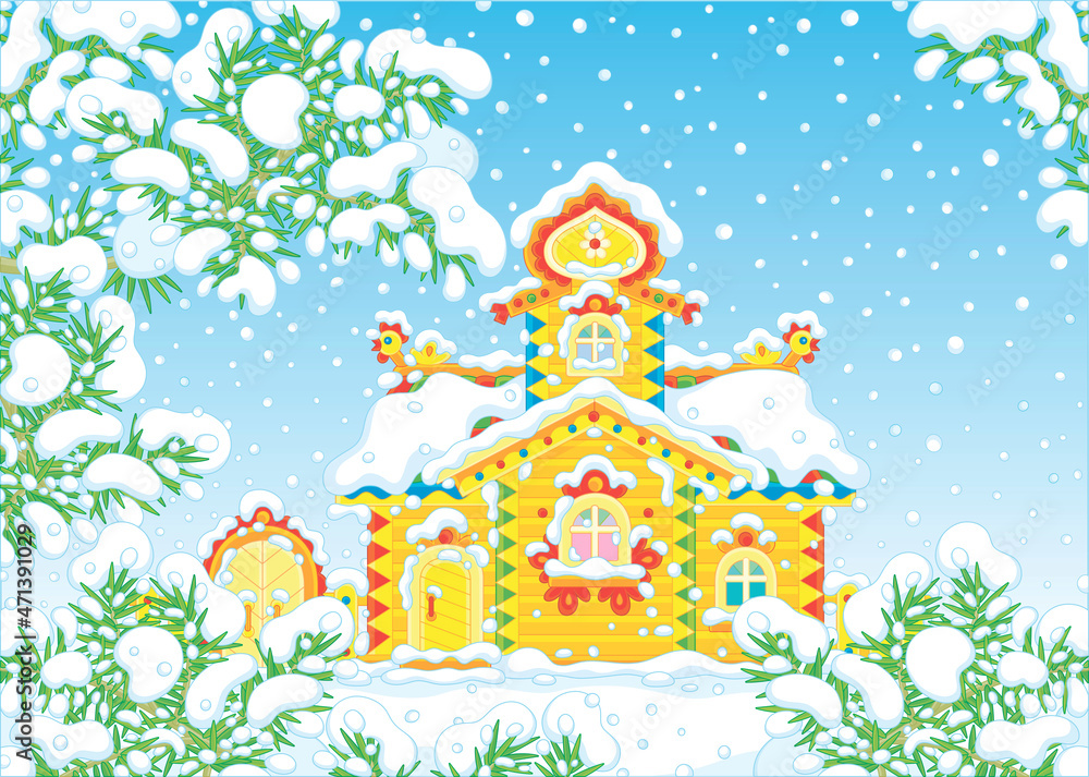 Obraz premium Traditional country wooden house with colorful carved decorations on a snowy winter day, vector cartoon illustration