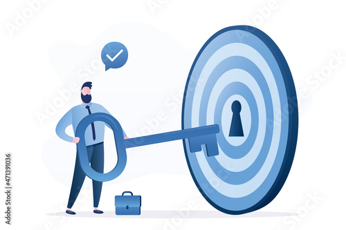 Unlock business success. Achieve business target, KPI. Successful career or goal achievement. Secret for success in work. Businessman putting big key
