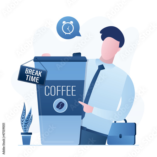 Businessman holds big coffee cup. Break time. Male character in trendy blue colors. White collar with coffee to go. TIme management, concept.