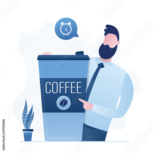 Businessman holds big coffee cup. Break time. Male character in trendy blue colors. White collar with coffee to go.