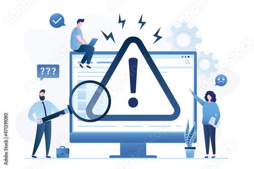 Experts diagnose computer, operating system problem. Programmers and users analyze software. Setting up personal computer. Big warning sign on screen. Digital technology. photo