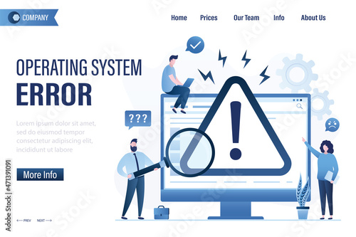 Experts diagnose computer. Operating system error, landing page template. Programmers and users analyze software. Setting up personal computer.