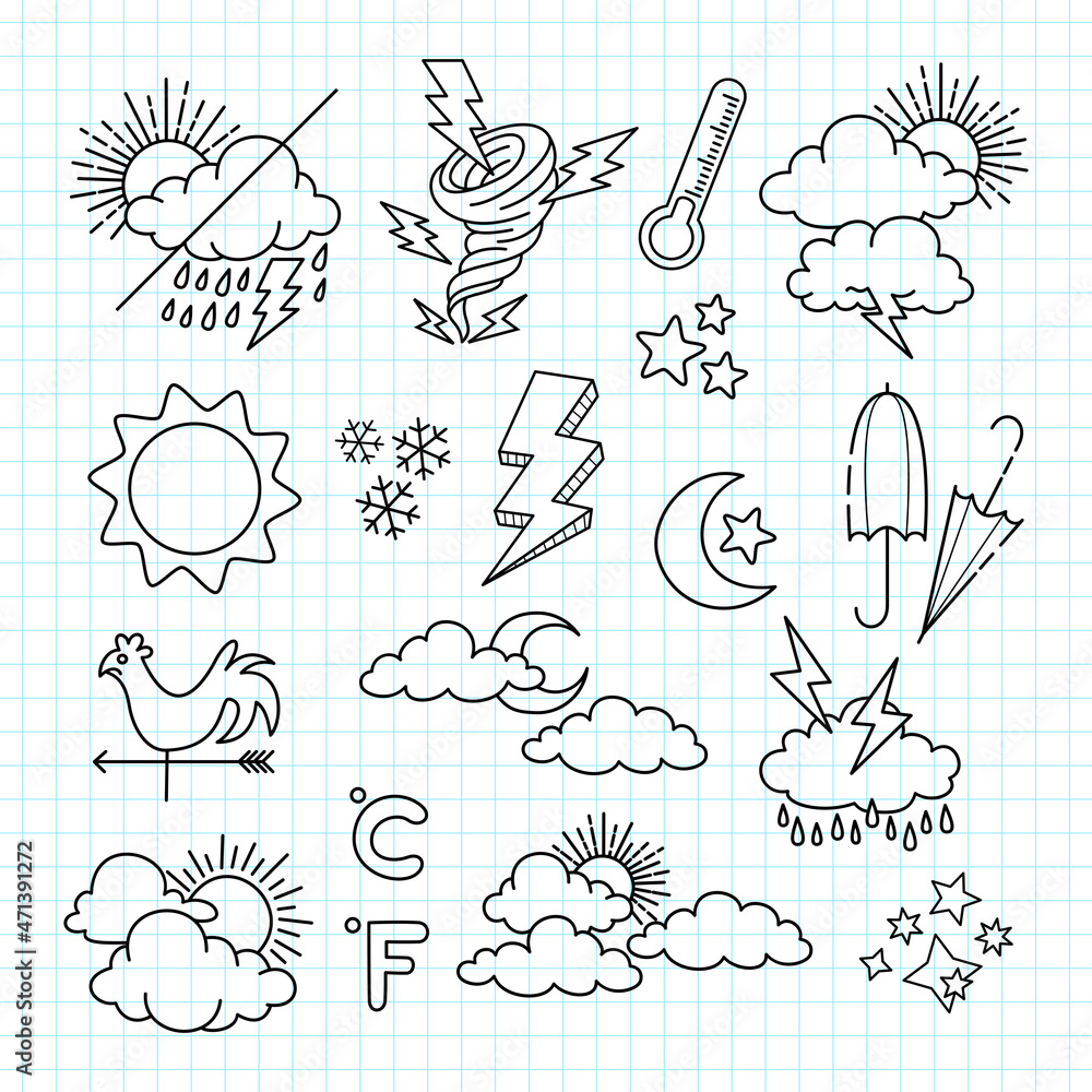 weather doodle vector set illustration with hand draw line art style ...
