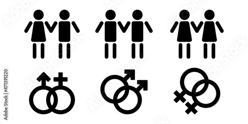 Male and female signs. Humans and gender symbols isolated on white background. Abstract black pictograms. Heterosexual and homosexual couples of people.