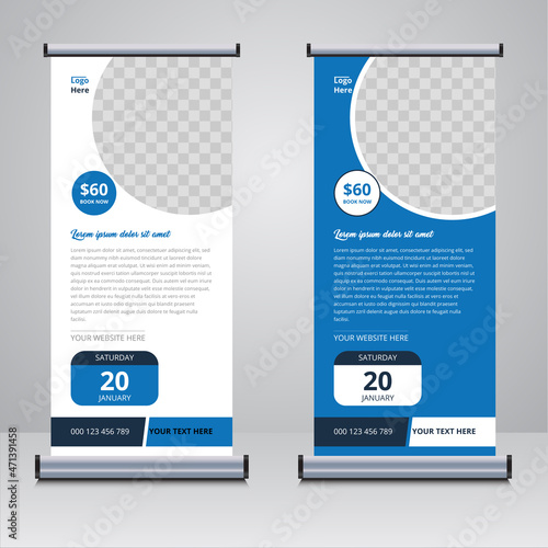 Travelling blue and white roll up banner design template