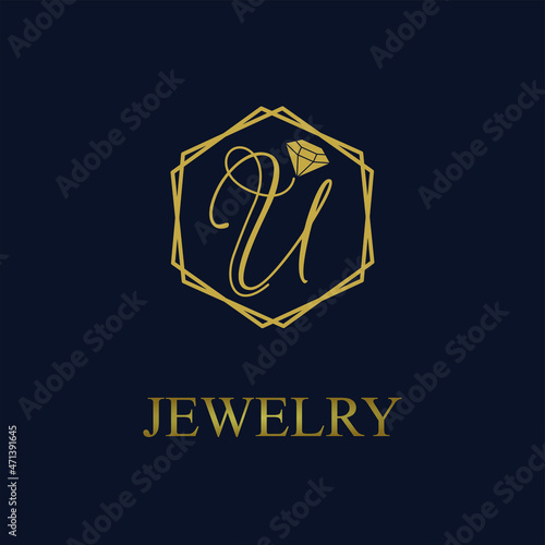 Golden Initial U Letter in Geometric hexagon with diamond for Jewelry business logo vector idea
