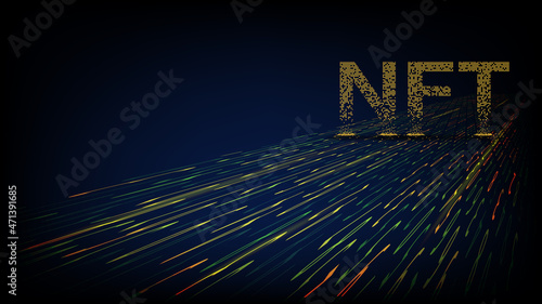 NTF non fungible token from crumbled falling golden cubes standing on the flowing digital stream. Pay for unique collectibles in games or art. Colorful header or banner.