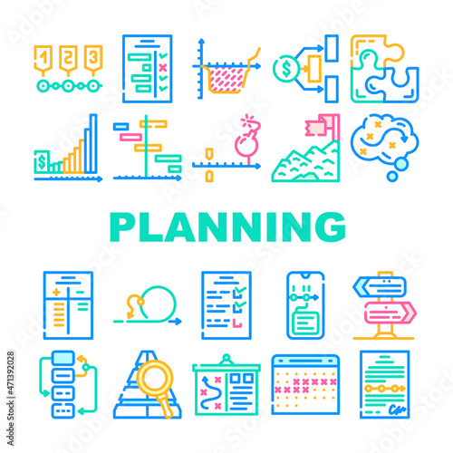 Planning Startup Project Strategy Icons Set Vector. Check List With Task And Calendar With Deadline Date For Planning Goal, Success Achievement And Financial Deposit Line. Color Illustrations
