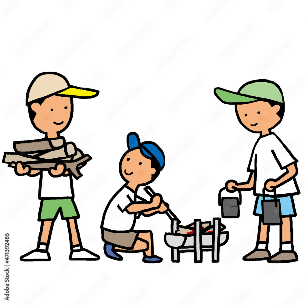 キャンプ場で炊事の用意をする3人の子供たち