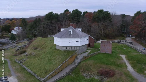 Aerial footage of Fort McClary, former defensive fortification of the United States military located in Kittery Point, Maine on the Piscataqua River between Maine and New Hampshire. photo