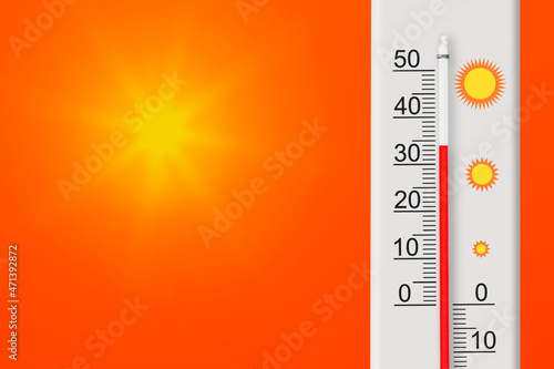 Celsius scale thermometer shows plus 34 degrees . Yellow sun in red sky. Summer heat