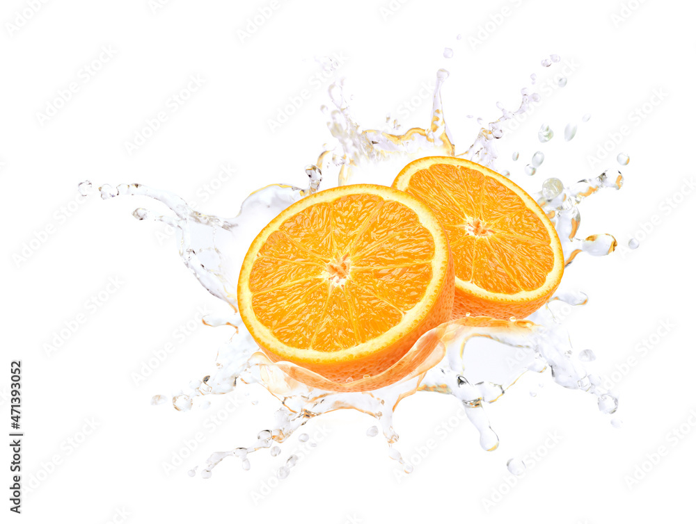 Orange cut in half with water splash isolated on white background. Orange cut in half with water splash isolated on white background.