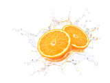 Orange cut in half with water splash  isolated on white background.
