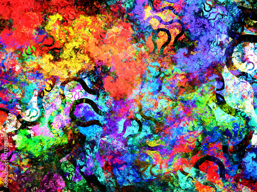 Creación de arte digital fractal compuesto de trazos undulados en zig zag rodeados de manchas en colores vivos con aspecto de una especie de túneles producidos por gusanos galácticos.