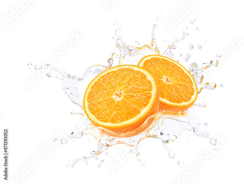 Orange cut in half with water splash  isolated on white background.