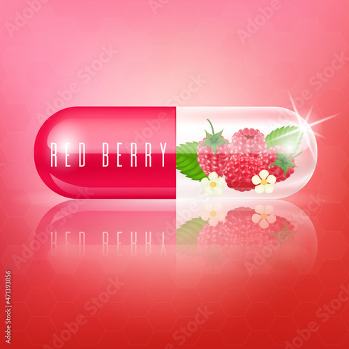 Red berry capsule vitamin with berry slices and leaves. Medical concepts and health supplements. Realistic 3D Vector illustration.