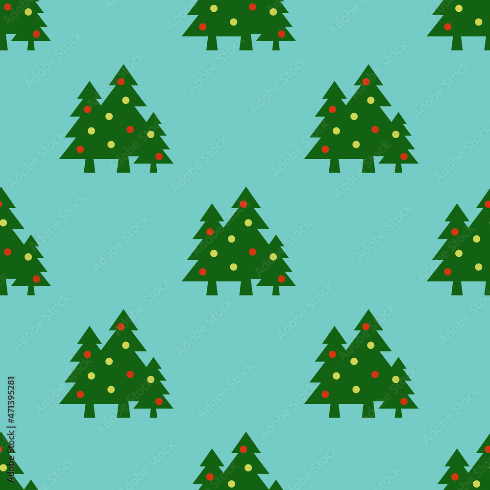 Seamless pattern. Image of green Christmas trees with balls on pastel green blue background. Symbol of New Year and Christmas. Template for application to surface. 3D image. 3d rendering