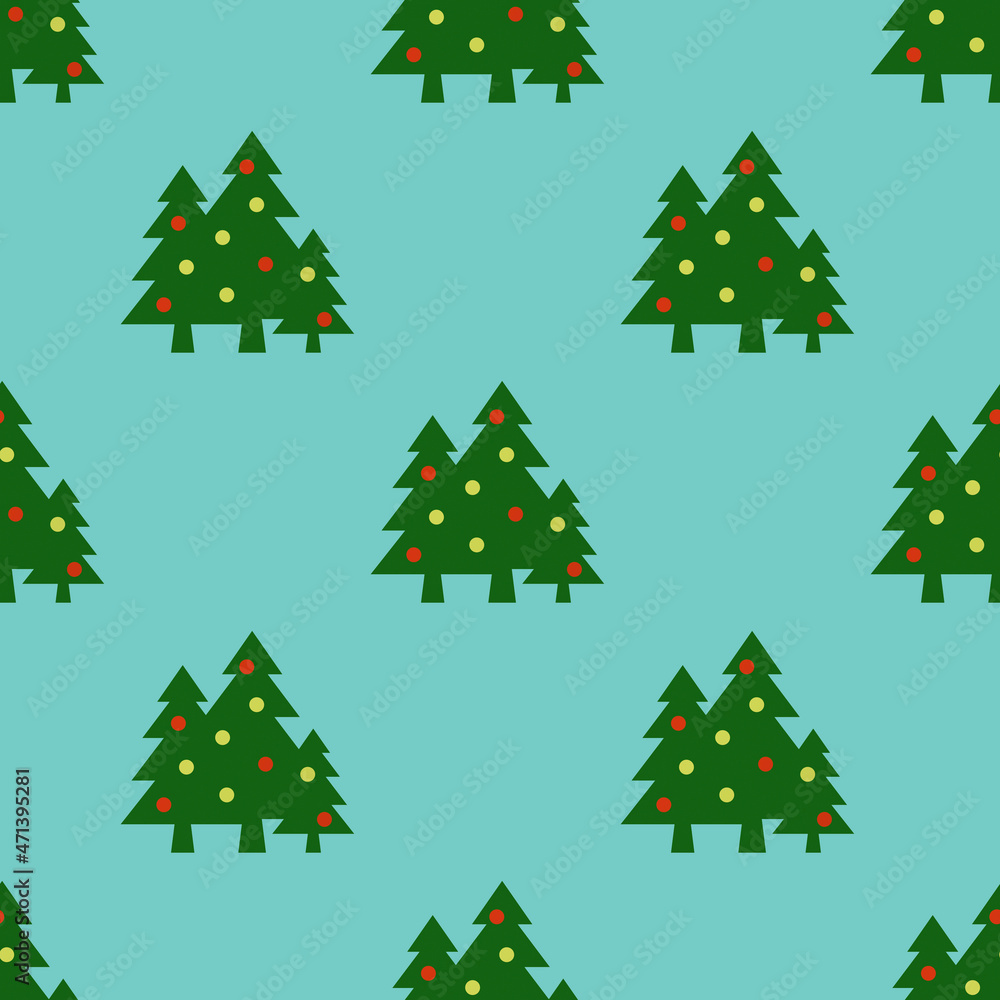 Fototapeta premium Seamless pattern. Image of green Christmas trees with balls on pastel green blue background. Symbol of New Year and Christmas. Template for application to surface. 3D image. 3d rendering