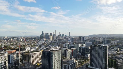 Brisbane Central Business District Skyscrapers At Daytime In QLD, Australia. - aerial pullback photo