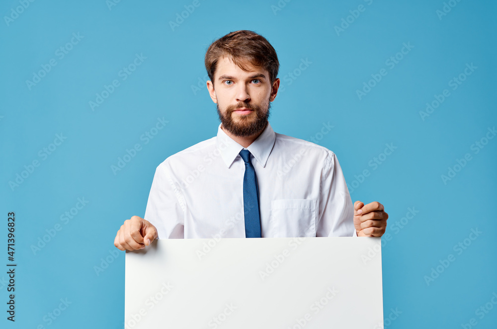 emotional man advertising white banner presentation isolated background emotional man advertising white banner presentation isolated background