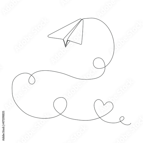 Airplane. Vector one continuous line illustration of paper plane. Isolated on white.