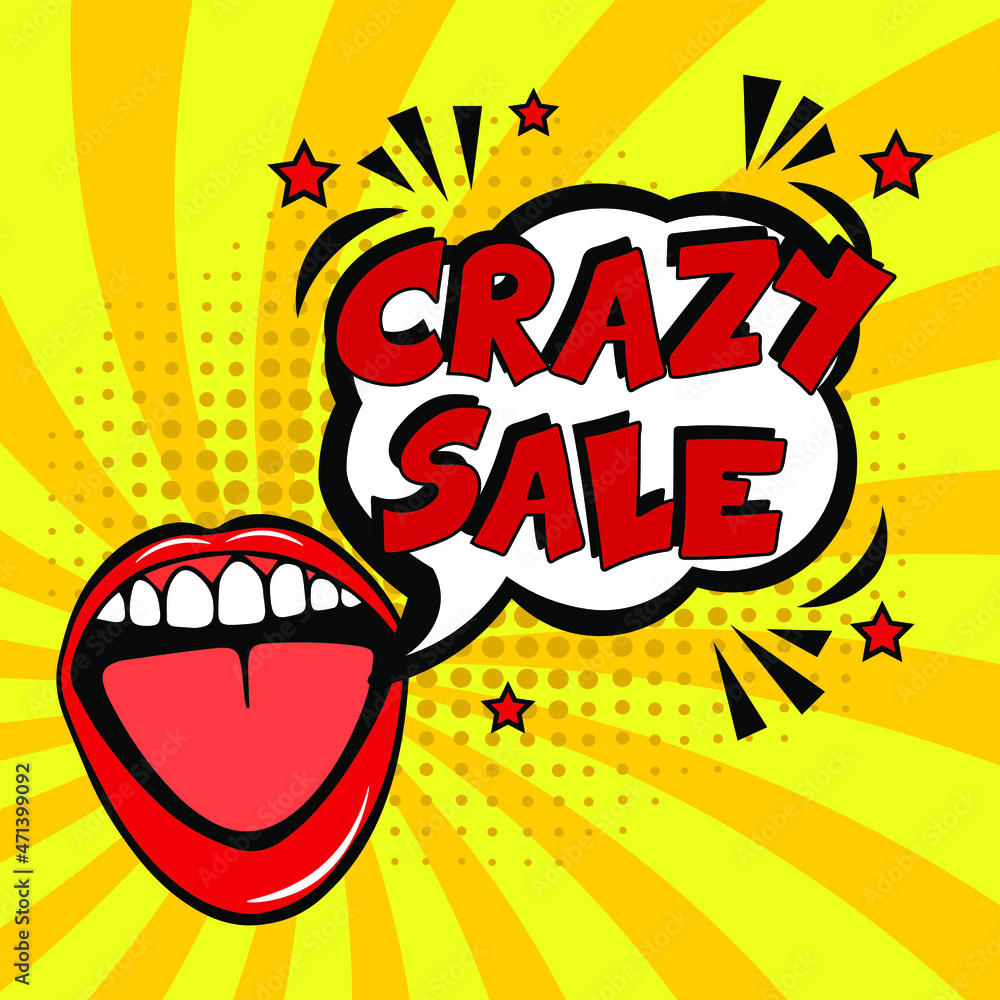Crazy sale. Comic book explosion with text - Crazy sale. Vector bright cartoon illustration in retro pop art style. Can be used for business, marketing and advertising. Banner flyer pop art comic Crazy sale. Comic book explosion with text - Crazy sale. Vector bright cartoon illustration in retro pop art style. Can be used for business, marketing and advertising. Banner flyer pop art comic
