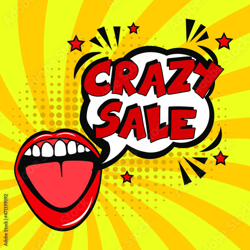 Crazy sale. Comic book explosion with text - Crazy sale. Vector bright cartoon illustration in retro pop art style. Can be used for business, marketing and advertising. Banner flyer pop art comic