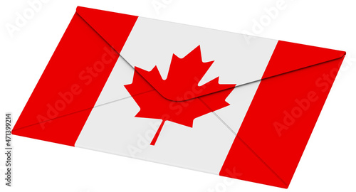 Closed postal envelope with flag of Canada. One closed postal envelope with flag of Canada isolated on white background. 3d illustration