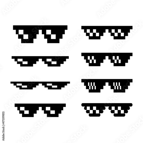 Pixel glasses set. Black pixelatd goggles.