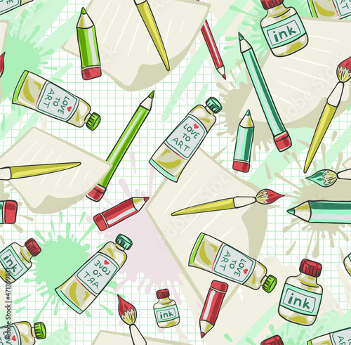 Vector seamless background with paints brushes and pencils and blots. A background about art and creativity in muted pastel colors. Children's repeating ornament for printing on fabrics and paper