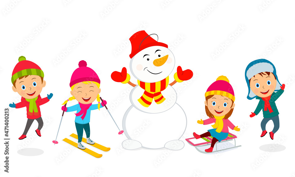 kids and snowman on the white background