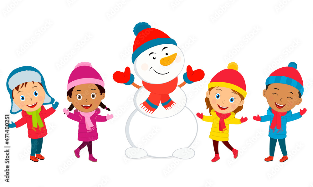 kids and snowman on the white background