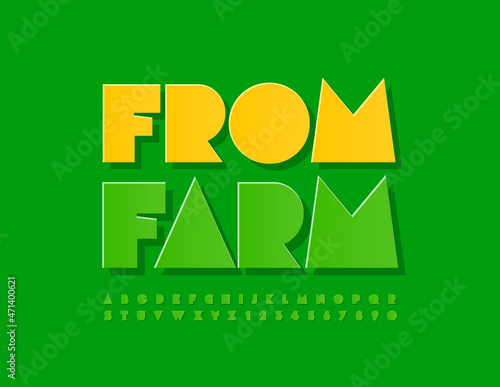 Vector bright Poster From Farm. Modern Green Font. Creative Alphabet Letters and Numbers set