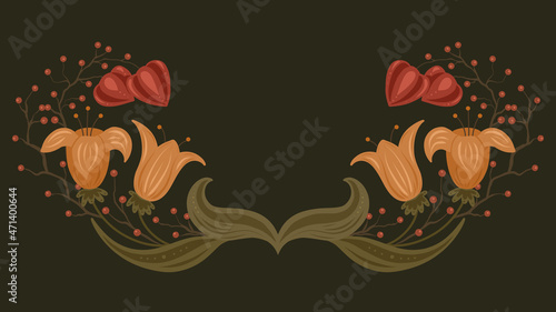 Autumn border with flowers, berries and physalis. Frame with floral ornament on dark background. Vector natural template with bouquets wreath for card and invitation