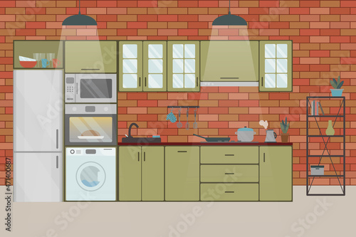 Cozy kitchen interior in a loft style, with a brick wall. Refrigerator, oven, microwave, washing machine, flowerpot. Flat vector illustration.