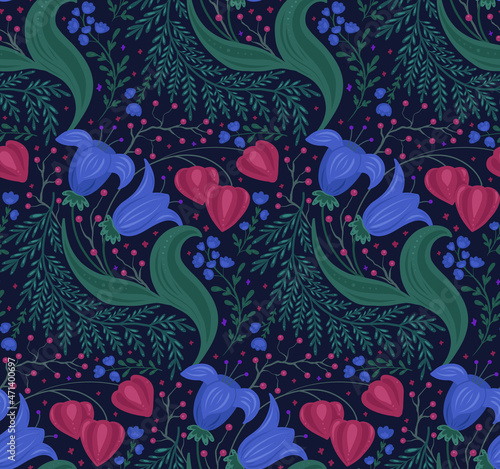 Seamless pattern with night flowers, berries on twigs and physalis. Floral ornament on dark blue background. Vector natural texture with bouquets with hand drawn decoration for fabrics and wallpapers