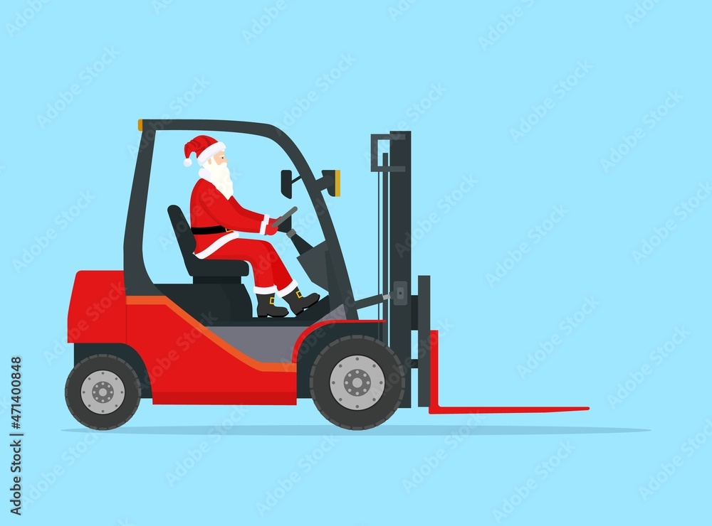 Santa Claus in Empty Red Forklift.