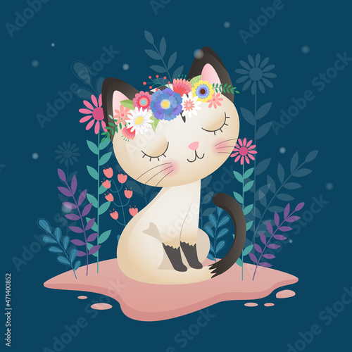 Illustration of little cute cat with leaves and flowers Spring and summer night on blue Background