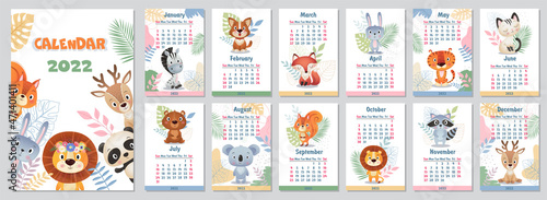 Stylish 2022 Yearly Calendar design with wild animals with wreath and flowers on white