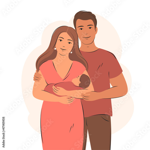 Happy family with newborn. Parents with child. Vector illustration.