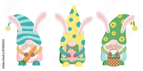Cute dwarfs holding a basket of Easter eggs, carrot, and egg. Vector illustration in cartoon style. Isolated on white background, for the Easter holiday.