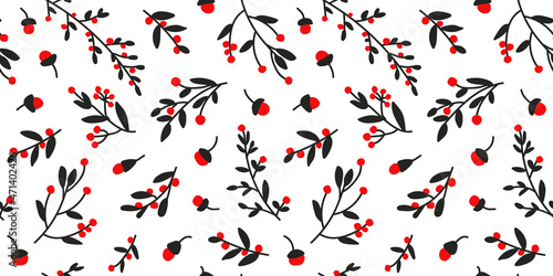 Wallpaper Mural Seamless botanical pattern in red, black and white. All over hand-drawn repeat print.  Torontodigital.ca